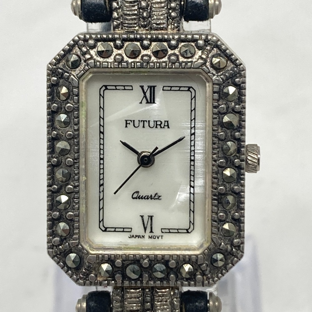 Vintage Futura Marcasite Tank Watch Women 22mm Silver Tone MOP New Battery 7.5" - Picture 2 of 16
